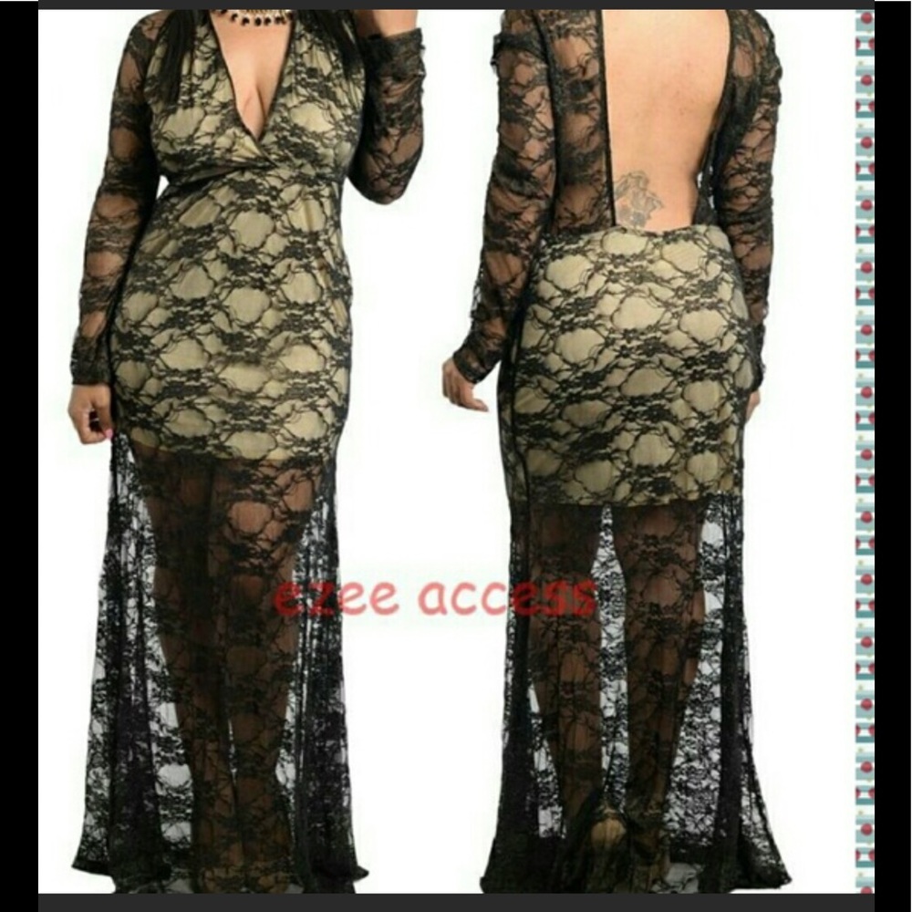 Plus Size Black Lace Sheer Backless Maxi Dress - Picture 1 of 1